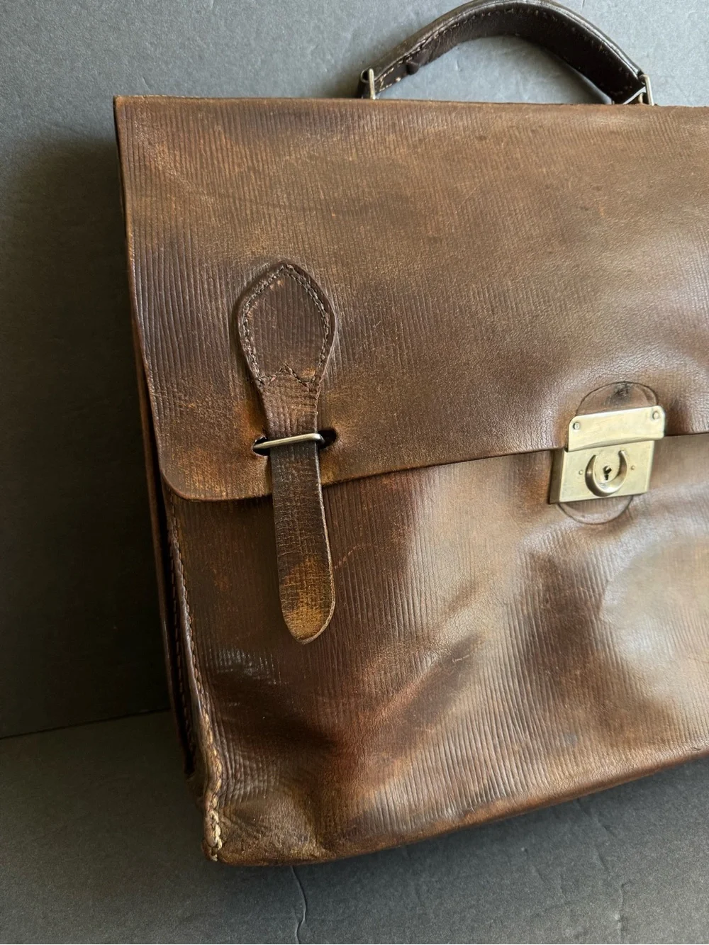 Vintage 1940s Briefcase French Attaché Case Dark Brown Ribbed Distressed Leather